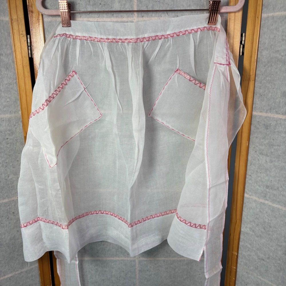 Handmade Vintage Hostess Half Apron OS White Pi Trim Sheer Pockets